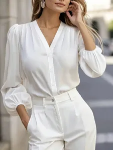 Elegant white V-neck blouse for women, featuring chic lantern sleeves and professional style.