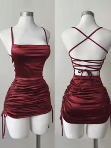 Wine red satin camisole dress detail, square neck, open back lace-up ruched bodycon design.
