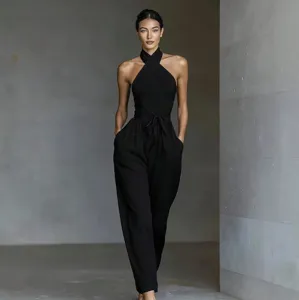 Cross halter backless jumpsuit, stylish European vacation high waist tie wide leg pants.