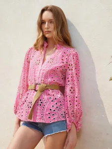 Pink eyelet embroidered V-neck lantern sleeve blouse with belt for women fashion style.
