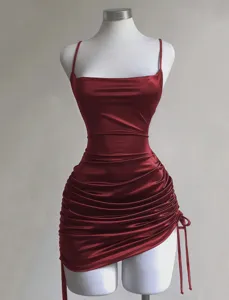 Wine red satin camisole dress detail, square neck and adjustable side drawstring ruched mini dress.