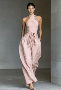 Pink halter neck crossover jumpsuit detail showing tied waist and wide leg style.