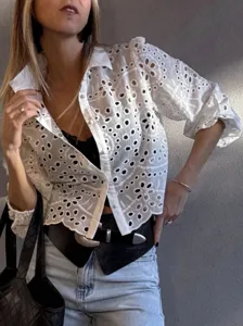 Women white eyelet embroidered short shirt French pastoral holiday style blouse top