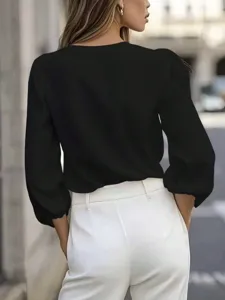 French style V-neck lantern sleeve blouse detail, elegant solid color workplace shirt for women.