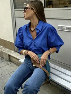 Fashionable European French style puff sleeve casual shirt solid lapel loose blue top