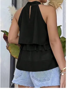 Black halter neck chiffon vest for women, featuring a chic tiered ruffle and back split design.