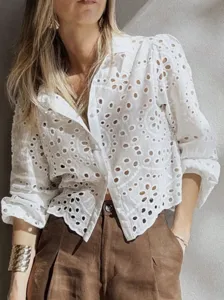 French style eyelet embroidered cropped blouse with 3/4 bubble sleeves for summer