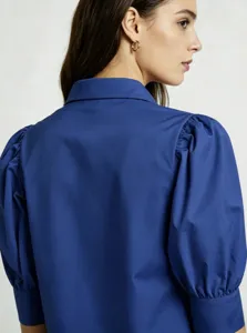 Blue puff sleeve shirt detail, casual lapel top, elegant commuter blouse with elastic cuffs.