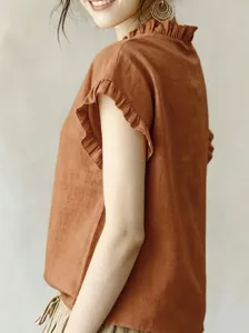 Braune Damen Kurzarm Bluse mit Rüschen Sommer lässig atmungsaktiv elegant Top chic Shirt