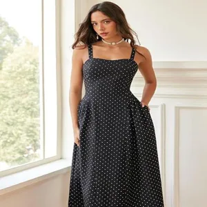 French vintage square neck polka dot camisole dress, waist-cinching A-line long maxi dress.