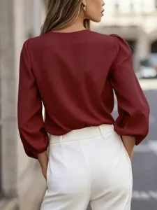 Elegant burgundy lantern sleeve V-neck blouse, stylish office lady solid color top.