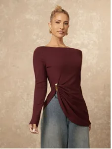 Burgundy long sleeve slim fit top with gold tone ring waist detail casual stylish wear