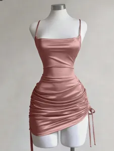 Satin camisole bodycon dress detail showing the adjustable side drawstring and square neck design.