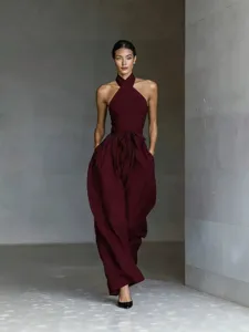 Burgundy halter neck backless wide leg jumpsuit, high waist belted vacation style lantern pants