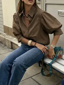 French style solid color puff sleeve lapel casual shirt for women daily commuting wear