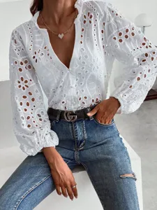 White hollow embroidery blouse, V-neck long sleeve lantern shirt with ruffle mock neck.