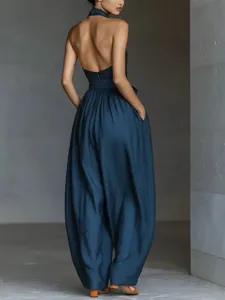 Backless halter jumpsuit for women, high waist loose lantern wide leg summer beach wear