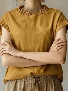 Senfgelbe Damen Kurzarm Rüschenkragen Bluse lässige elegante Pendler atmungsaktives Top