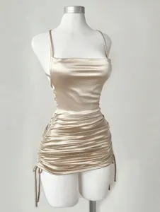Elegant champagne satin cami dress, square neck, side drawstring bodycon short dress.