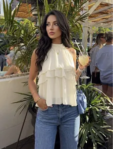 Women's Layered Chiffon Halter Top Back Slit Stand Collar Off Shoulder Sleeveless Tank Top Solid Color Polyester Shirt