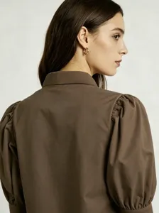 Brown puff sleeve shirt back detail showing turn down collar and chic casual design style.