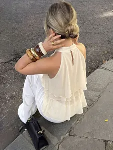 Halter neck tiered chiffon tank top for women, casual back slit sleeveless summer shirt.