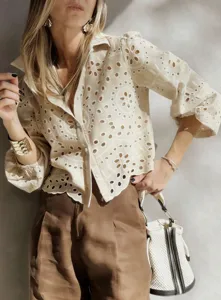 French style hollow out embroidered short sleeve shirt women elegant summer casual blouse top