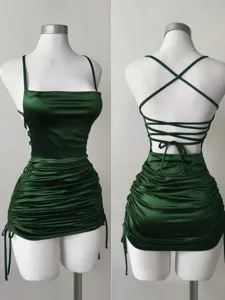 Dark Green Satin Cami Bodycon Dress Backless Cross Strap Drawstring Mini Dress For Women