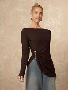 Women's solid dark brown long sleeve top with stylish side ring knot detail casual blouse.