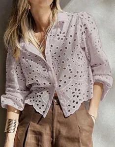 French style eyelet embroidered short blouse, breathable lantern sleeve casual crop shirt.
