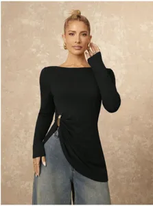 Chic solid color long sleeve slim fit casual commuter blouse with stylish side ring detail.