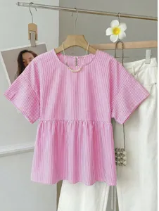 Women Casual Polyester Striped Short Sleeve Blouse Comfortable Loose Fit Commuter Top Elegant Everyday Pullover Shirt