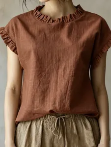 Lässige atmungsaktive Kurzarm-Bluse mit Rüschen für Damen, bequemes lockeres Sommer-Top.