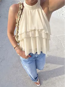 Women Halter Neck Chiffon Tank Top Summer Casual Tiered Ruffle Sleeveless Shirt Top
