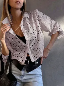 French floral broderie anglaise short sleeve crop blouse for women summer casual stylish top