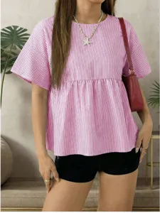 Pink white striped short sleeve top detail showing loose A-line peplum hem and crew neck.