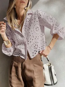 Women hollow embroidery short shirt French pastoral holiday style breathable bubble sleeve blouse