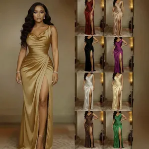 Women elegant satin sleeveless high slit long evening dress solid color slim banquet party gown