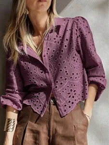 Women Casual Hollow Out Embroidery Short Shirt French Pastoral Vacation Cardigan Breathable Bubble Sleeve Top