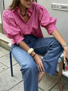 European style puff sleeve casual shirt solid color lapel loose mid-sleeve top for women