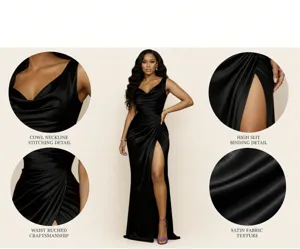 Black solid slim evening dress detail, elegant cowl neck and high slit maxi party gown.