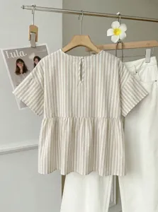 Comfortable casual vertical striped short sleeve shirt with loose A-line hem for daily commute.