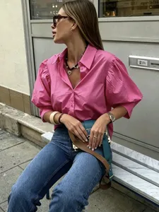 Casual French puff sleeve solid color lapel single-breasted commuter shirt for women daily wear