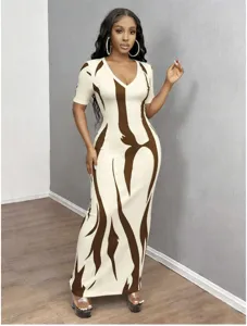 Women's Abstract Flame Print V-Neck Short Sleeve Bodycon Maxi Dress Sexy Slim Fit Long Dress For Summer Beach Vacation