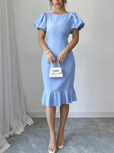 Light blue puff sleeve midi dress, elegant fishtail bodycon dress for commuting and dating.