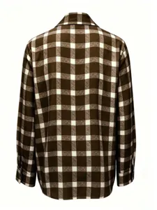 Retro brown and white plaid long sleeve shirt for women, casual lapel basic button-down top.