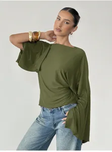 Elegant green trumpet long sleeve shirt for women casual commuting fashion designer style top.