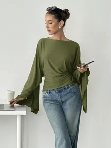 Elegant olive green long flare sleeve blouse for women, slim fit casual chic commuting top.