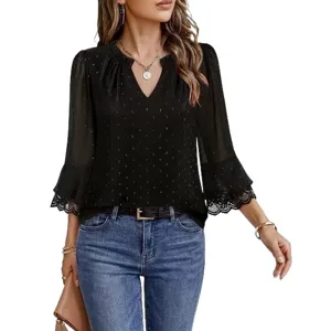 Close-up details of the elegant black V-neck blouse featuring delicate lace trim sleeves.