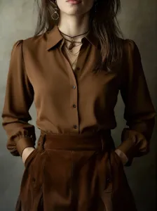 Detailed view of the elegant brown long sleeve button down blouse with stylish lantern sleeves.